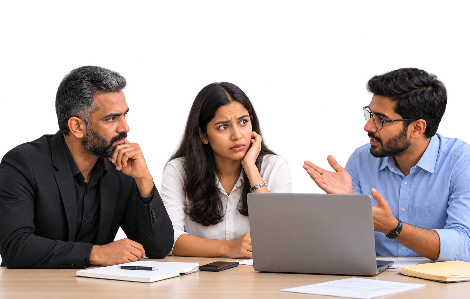 Team members looking uncertain around a laptop before goal-setting training