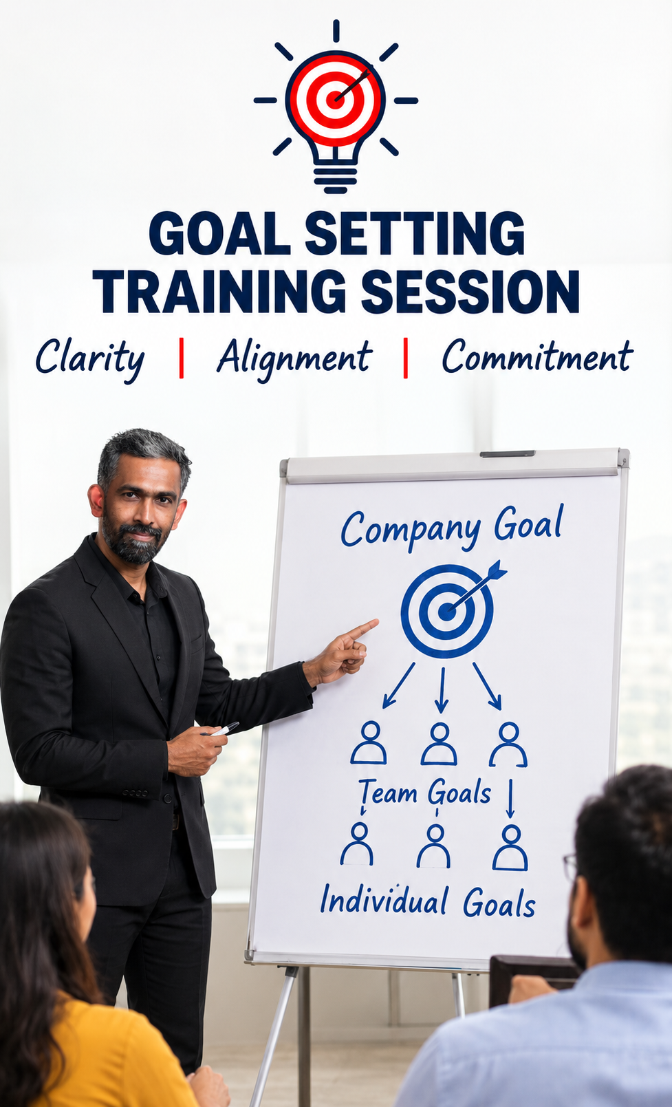 Goal setting training session on clarity, alignment and commitment, showing company goals leading to team and individual goals