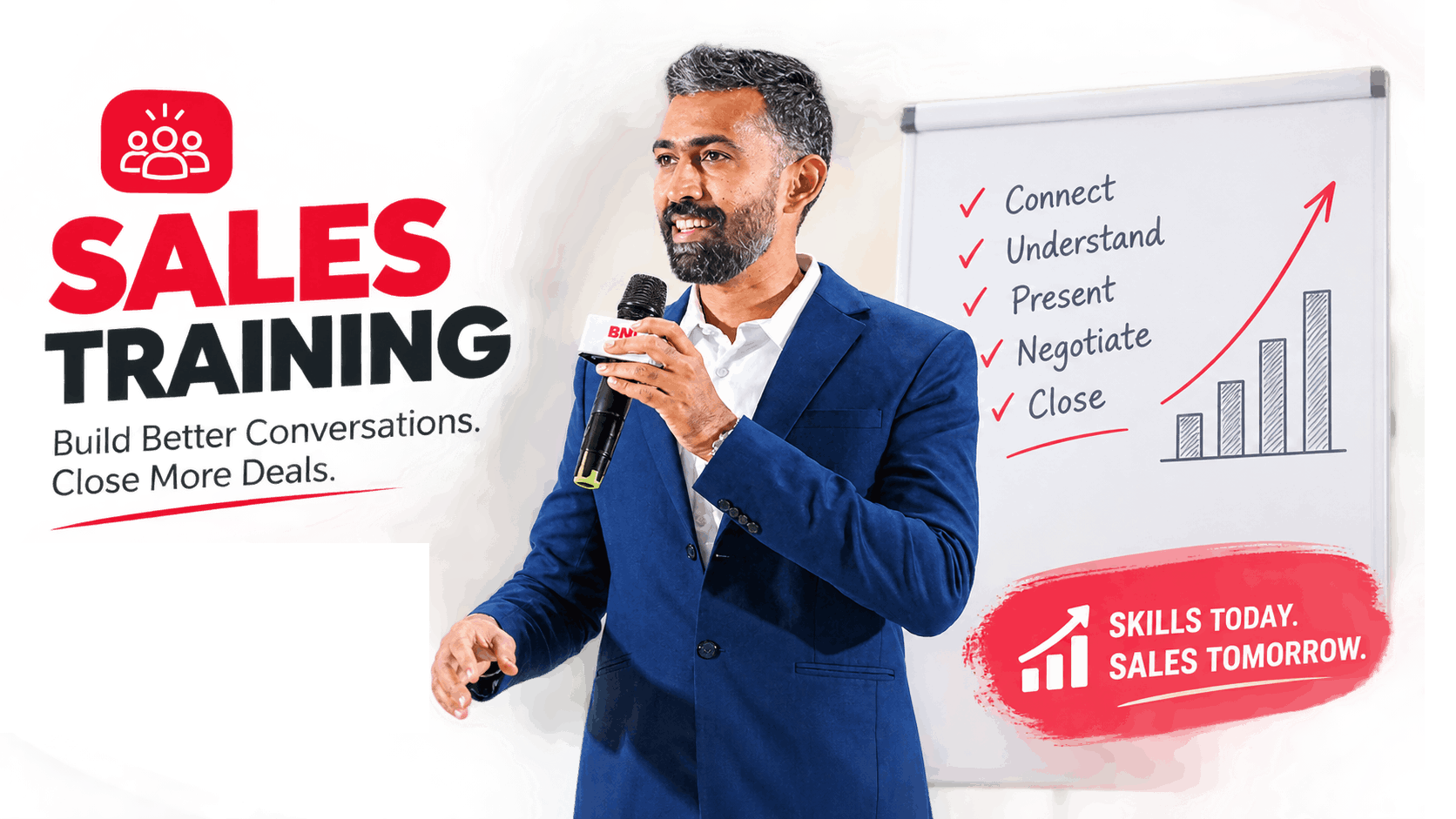Selva Kumar delivering sales training beside a sales growth flip chart